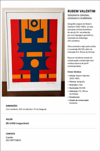 Quadro emoldurado com serigrafia assinada e numerada de Rubem Valentim