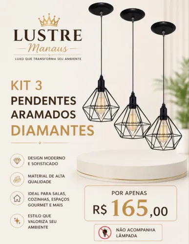 Kit 3 pendentes Aramados Diamante 