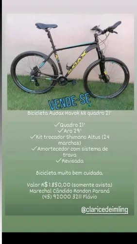 Bicicleta Audax Havok NX Quadro 21'<br>Mais informações:<br>Whatsapp * - Flávio