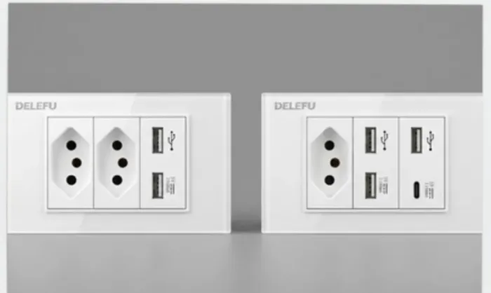 Painel de vidro temperado Tomadas delefu com 3 pinos, USB a e USB c 
