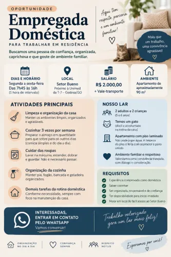 Vaga para funcionária doméstica com experiência