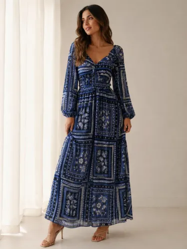 Vestido Longo Bluesteel Renner Estampado Manga Longa