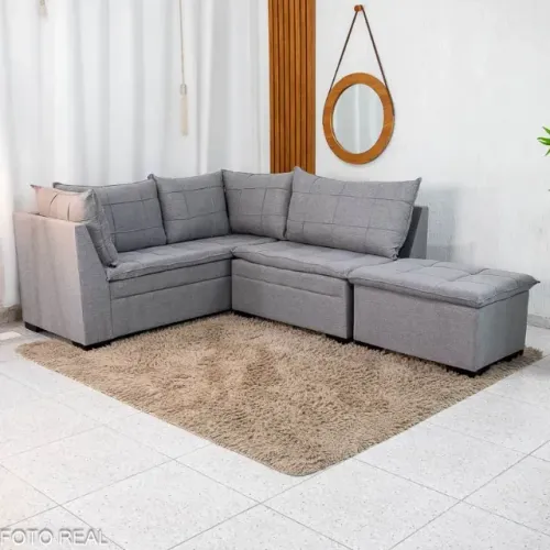 Sofá Canto 5 lugares com Puff Viena  Linho   Produto Novo - Pronta Entrega