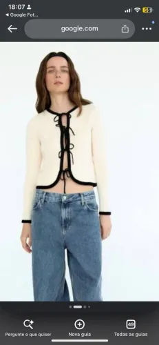 Casaco Cardigã Zara Tricô Off-White com Detalhes Pretos - Tam M
