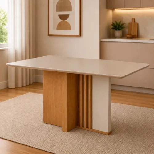 Mesa Lopas Astrid 160X80 Tampo Maciço em MDF Com Vidro Amêndoa Clean Off White <br>