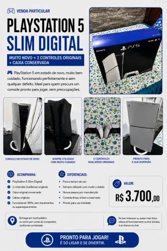 PlayStation 5 Slim Digital com 2 controles, capa e caixa