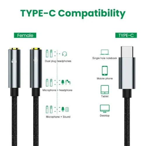 USB Tipo C para 3.5mm Jack Sound Card, Interface áudio, Fone de ouvido, Adaptador de micro