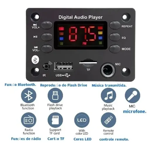 Placa decodificadora de áudio, USB, rádio FM, MP3, leitor de música, Bluetooth 5.0 DC 5V, 