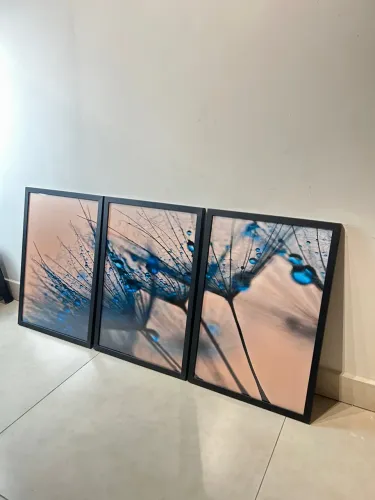 Kit Quadros Decorativos com Vidro Dente de Leão Azul 60x40