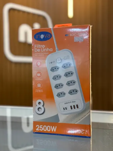 Filtro de Linha Inteligente Inova 8 Tomadas 3x Usb 2x Tipo C 22w 2500W