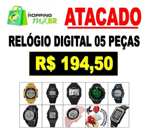 Kit 05 Relógios Digitais Multifuncionais 30 Metros Cronometro Alarme ATACADO