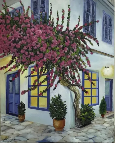 Quadro paisagem pintado à mão - Um cantinho em Nafplio (Grécia)