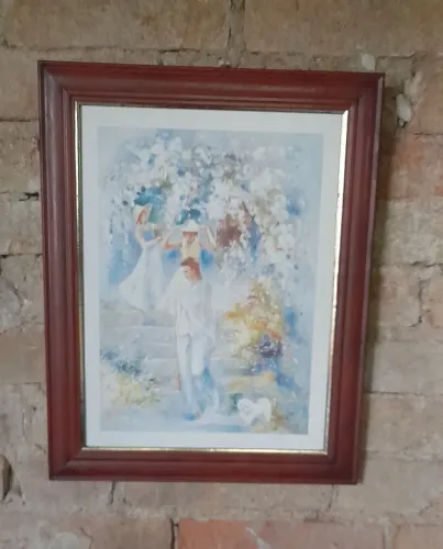 Quadro Vitage Moldura de Madeira com Paisagem e Pessoas