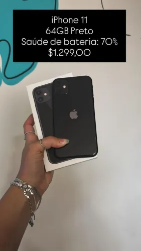 iPhone 11 / 64GB / Preto / Saúde de bateria 70% / R$ 1.299,00