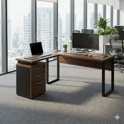 Mesa Escritório em L 1,70x1,60 c Gaveteiro Marsala/Preto Diretor Conforto 34441