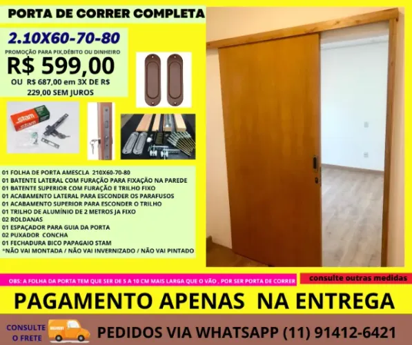 Porta de correr 2.10x80 com puxador e fechadura