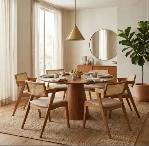 Conjunto Sala de Jantar Montello Redondo 1,30 m com 6 Cadeiras Linho Bege