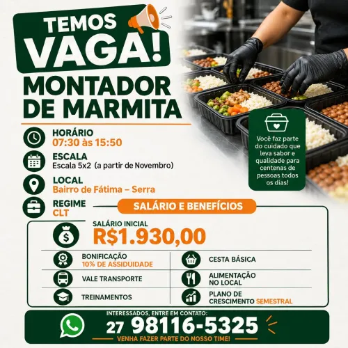VAGAS RESTAURANTE - AUXILIAR DE COZINHA E MONTADOR DE MARMITA