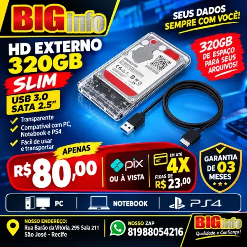 HD Externo 320GB Slim USB 3.0 SATA 2.5? Transparente - Compatível com PC, Notebook e PS4