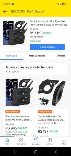 Fone Intercomunicador, Par Ejeas V6 Pro com controle de Guidão 
