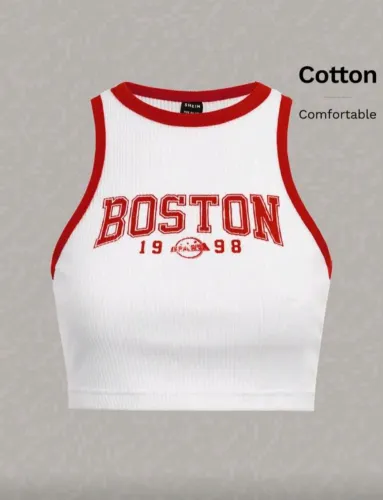 Cropped Feminino Branco e Vermelho em Malha Slim Fit