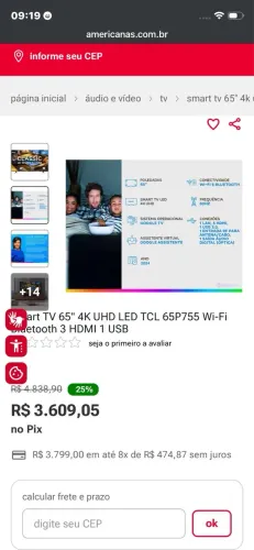 Smart tv 65 polegadas TCL modelo Classic
