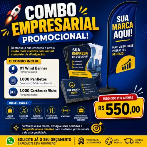 Combo empresarial: 1 wind banner 2,50 metros + 1000 cartões de visita + 1000 panfletos 