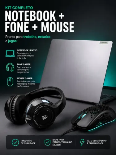 NOTEBOOK LENOVO RYZEN 5 + 12GB RAM + MOUSE GAMER + HEADSET + SUPORTE