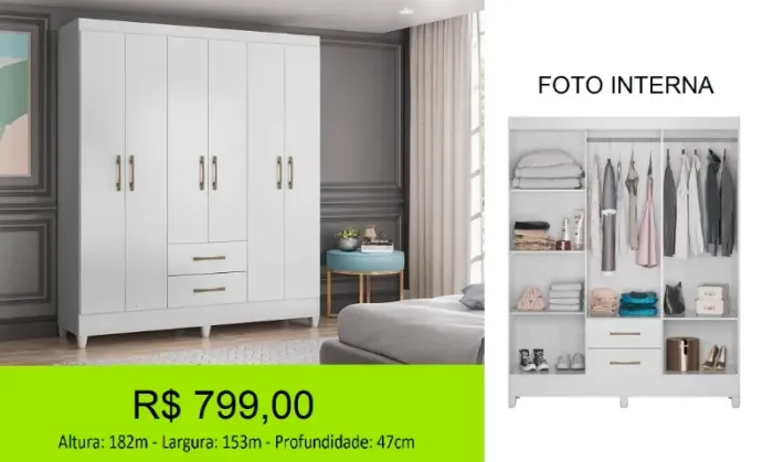 Roupeiro 6 portas com pés - Compre hoje e retire o quanto antes