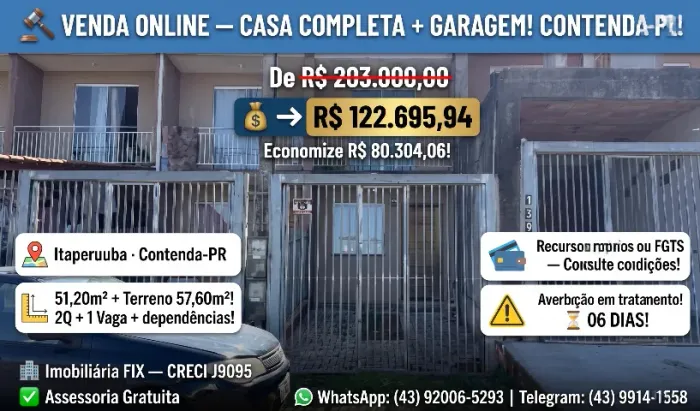 ? VENDA ONLINE ? CASA COMPLETA + GARAGEM! CONTENDA-PR!