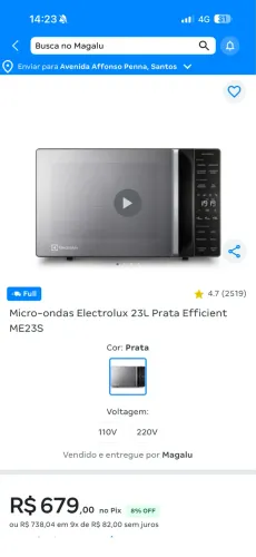 Micro-ondas Electrolux 23L Prata Efficient ME23S NOVO