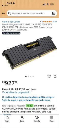 Memória ram 16GB ddr4 3600 corsair