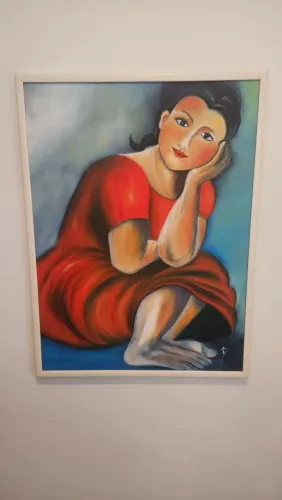 Quadro Pintura a Óleo Original - Mulher Vestido Vermelho