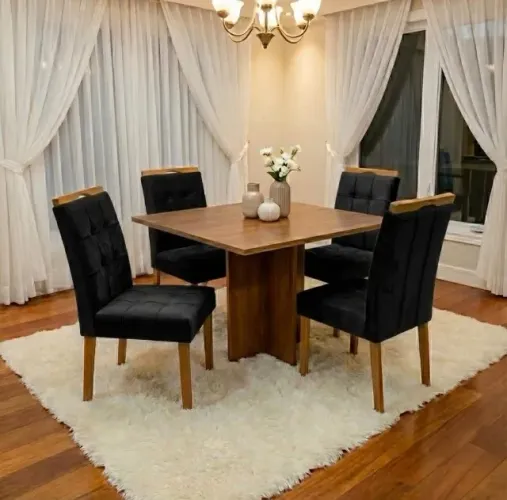 Conjunto Mesa de Jantar Verona 90 com 4 Cadeiras Veludo Preto