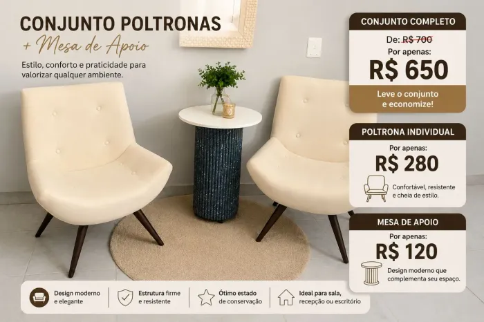 Conjunto poltronas com mesa de apoio oportunidade 