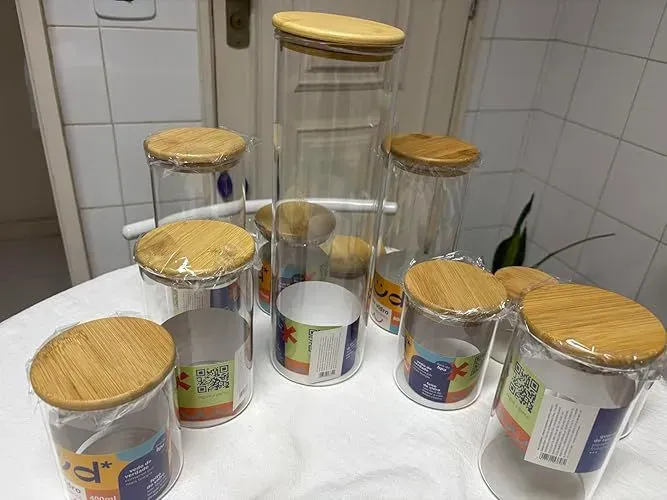 Kit 10 potes de vidro com tampa de bambu hermeticos redondos