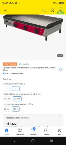 Chapa a gás profissional com coletor de gordura