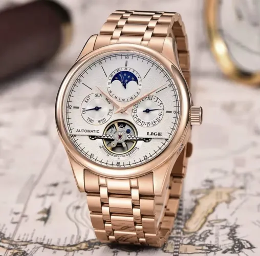 Relógio Lige Design Automático Sun & Moon Ouro Rose NOVO PRONTA ENTREGA