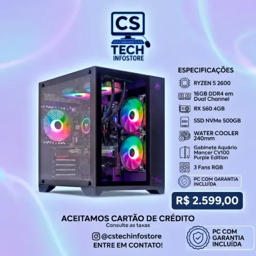 Computador Pc Gamer Ryzen 5 16gb Ddr4 Rx 560 Ssd 500Gb Nvme Water Cooler Gabinete Aquario