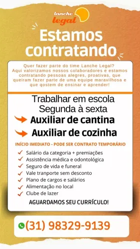 ATENDENDE E AUXILIAR DE COZINHA, SEGUNDA A SEXTA, CANTINA EM ESCOLA