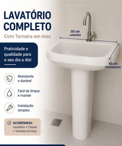 Lavatório de banheiro completo com torneira em inox