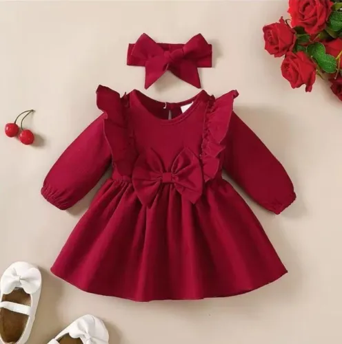 Vestido vermelho infantil manga longa com laço + faixa de cabelo 12a18 meses