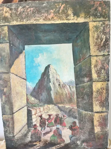 Pintura Óleo Sobre Tela Machu Picchu e Cultura Andina Assinada (80x60cm)