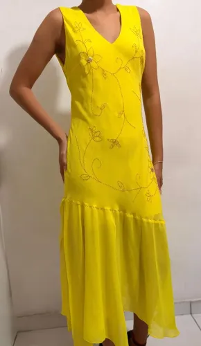 Vestido Vintage, Amarelo, Midi, Com Pedraria