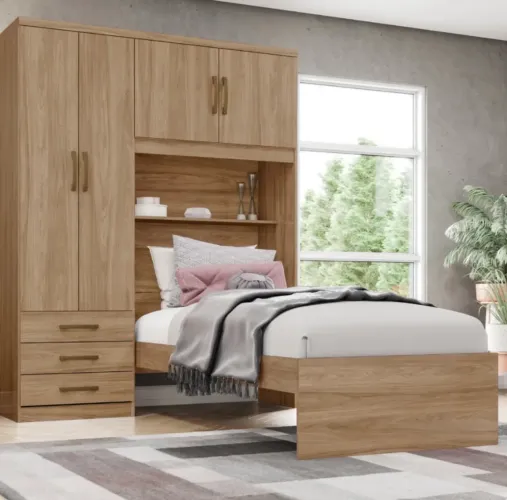 Roupeiro Cravo com Cama Baú 4 Portas 3 Gavetas D134-198 Jequitibá Brilho - Henn