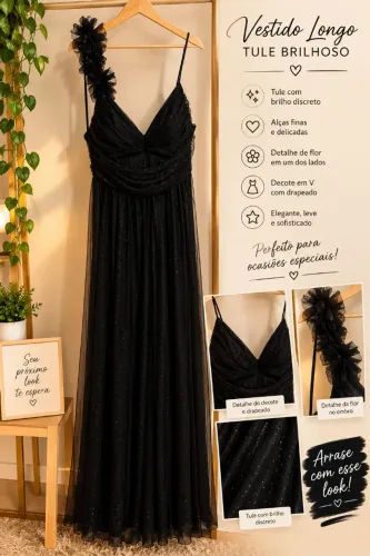 Vestido de madrinha preto tule brilhoso