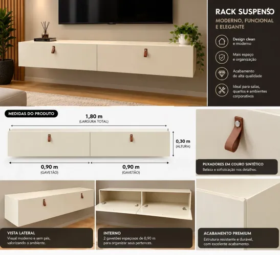 Rack Suspenso Moderno 1,80m | 2 Gavetões | R$ 450
