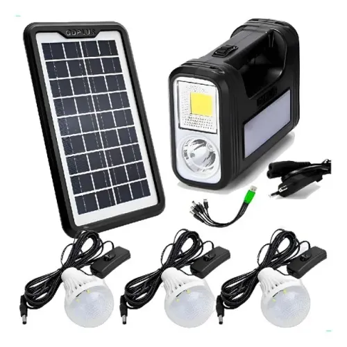 Kit Sistema Solar Painel Led A Bateria + 3 Lampadas Portatil Preto