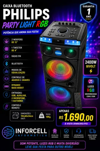 Caixa Bluetooth Philips Party Light RGB 2400w