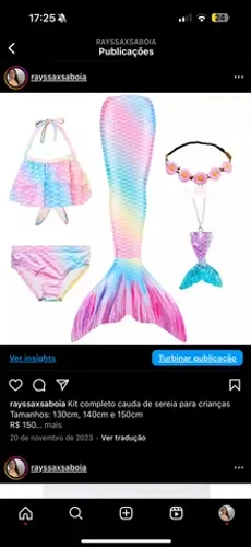 Kit completo cauda de sereia para crianças Tamanhos: 140cm e 150cm R$ 150